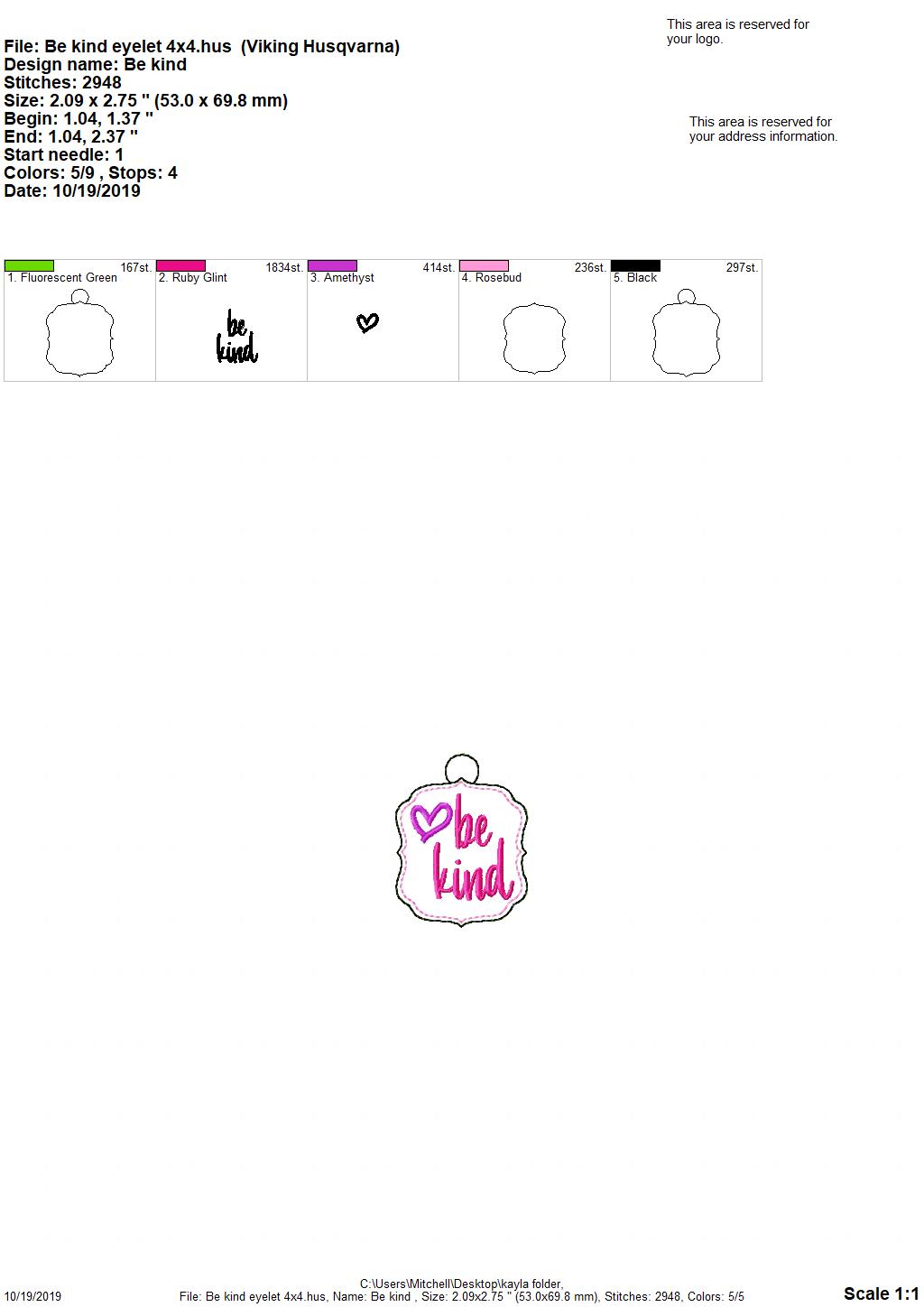 Be Kind Fobs -  DIGITAL Embroidery DESIGN