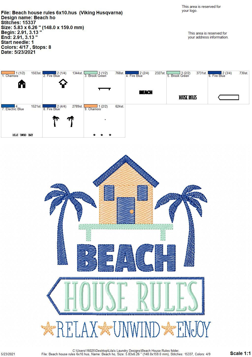 Beach House Rules - 3 sizes- Digital Embroidery Design