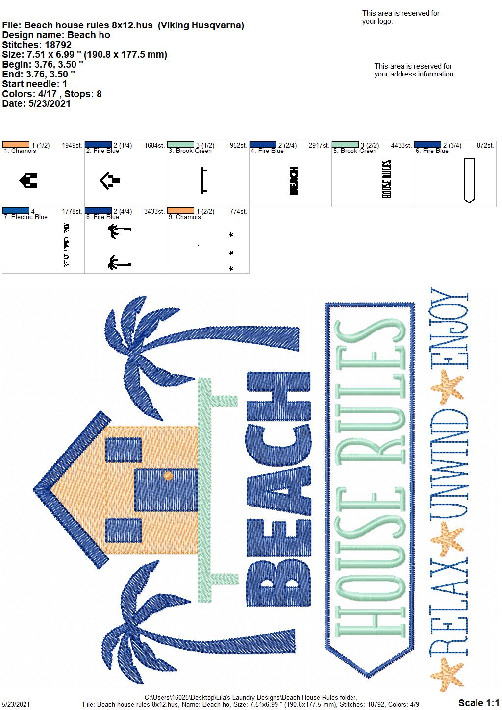Beach House Rules - 3 sizes- Digital Embroidery Design