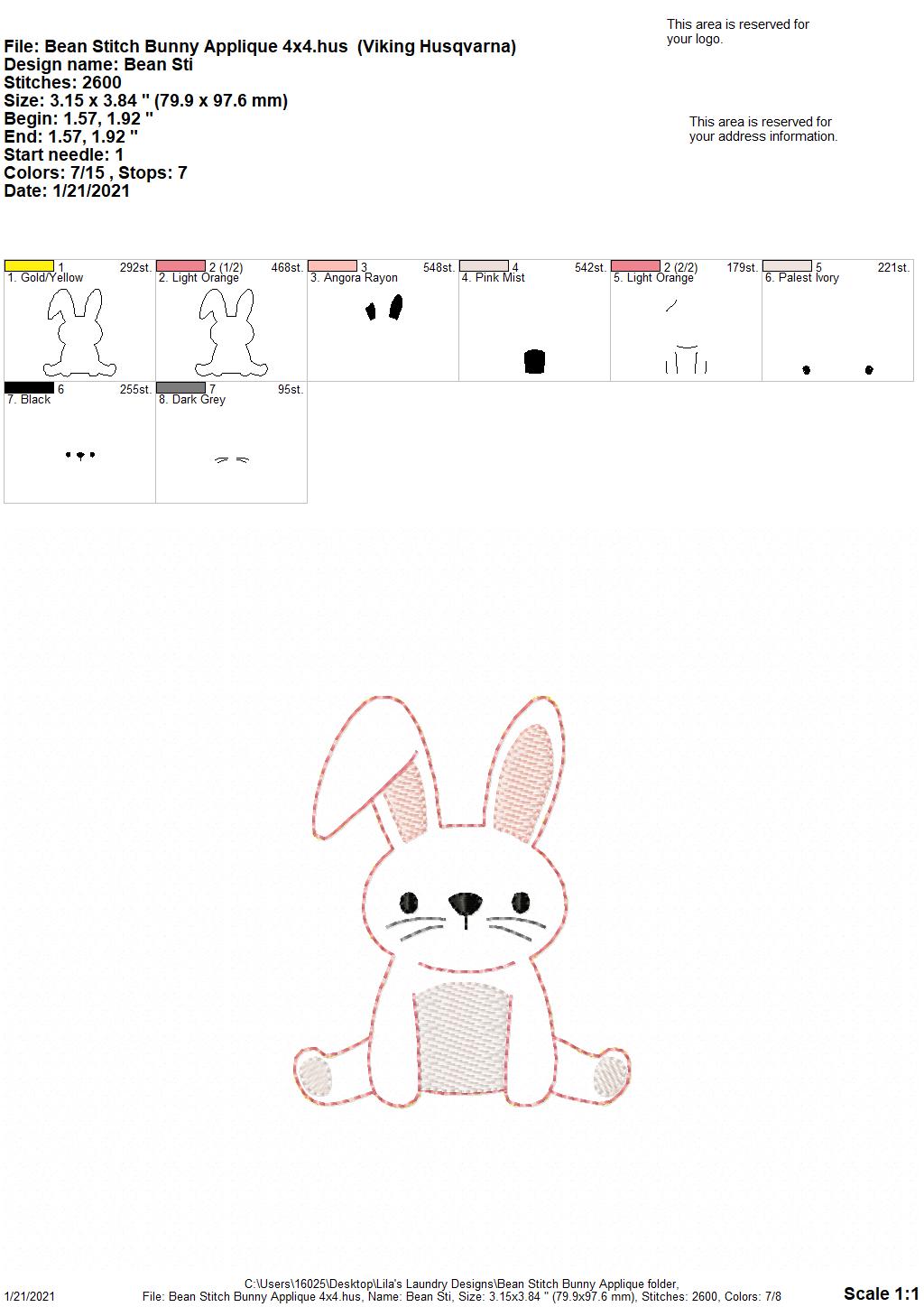 Bean Stitch Bunny Applique - 4 sizes- Digital Embroidery Design