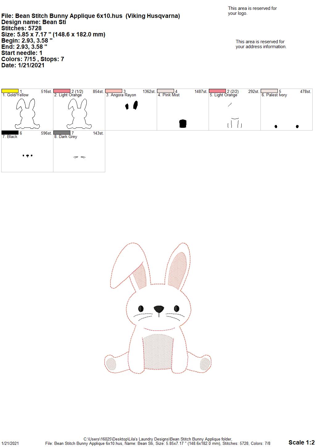 Bean Stitch Bunny Applique - 4 sizes- Digital Embroidery Design