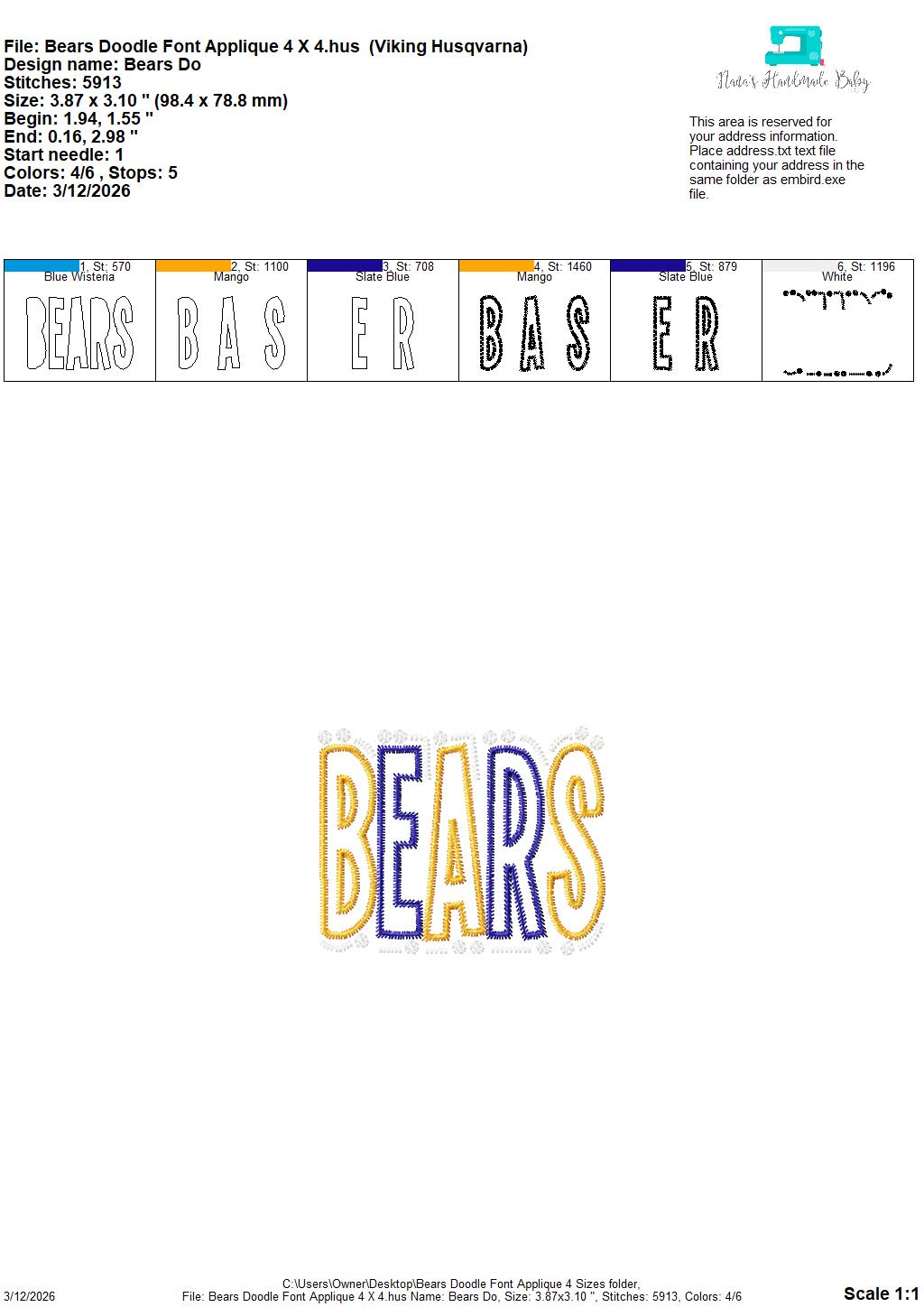 Bears Doodle Font Applique – 4 x 4, 5 x 7, 6 x 10 and 8 x 12 – DIGITAL Embroidery Design