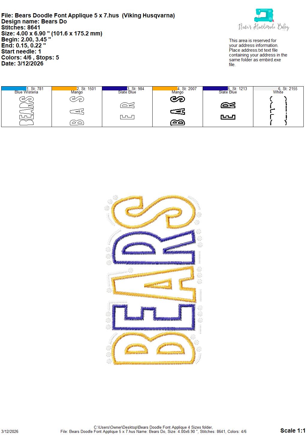 Bears Doodle Font Applique – 4 x 4, 5 x 7, 6 x 10 and 8 x 12 – DIGITAL Embroidery Design