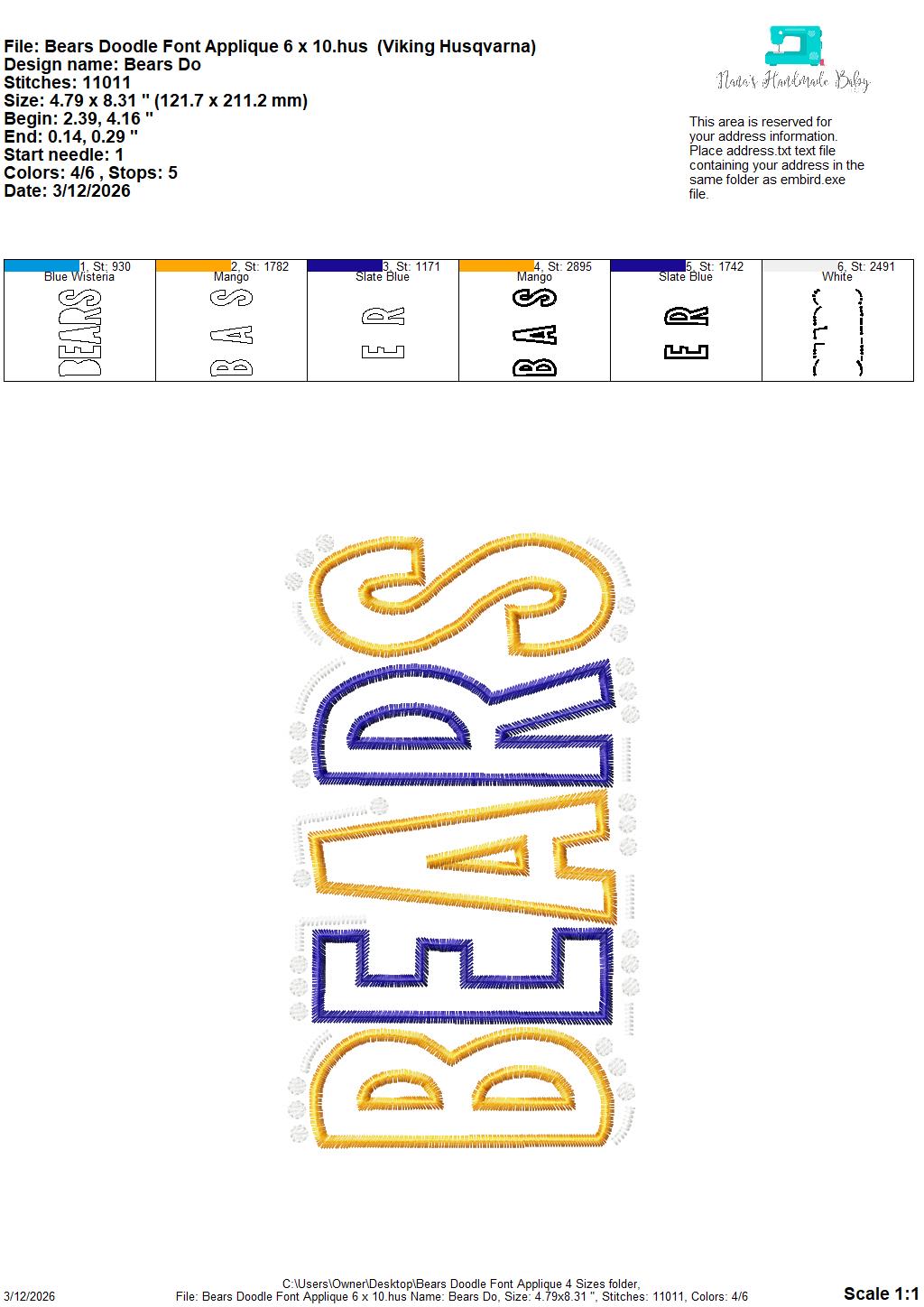 Bears Doodle Font Applique – 4 x 4, 5 x 7, 6 x 10 and 8 x 12 – DIGITAL Embroidery Design