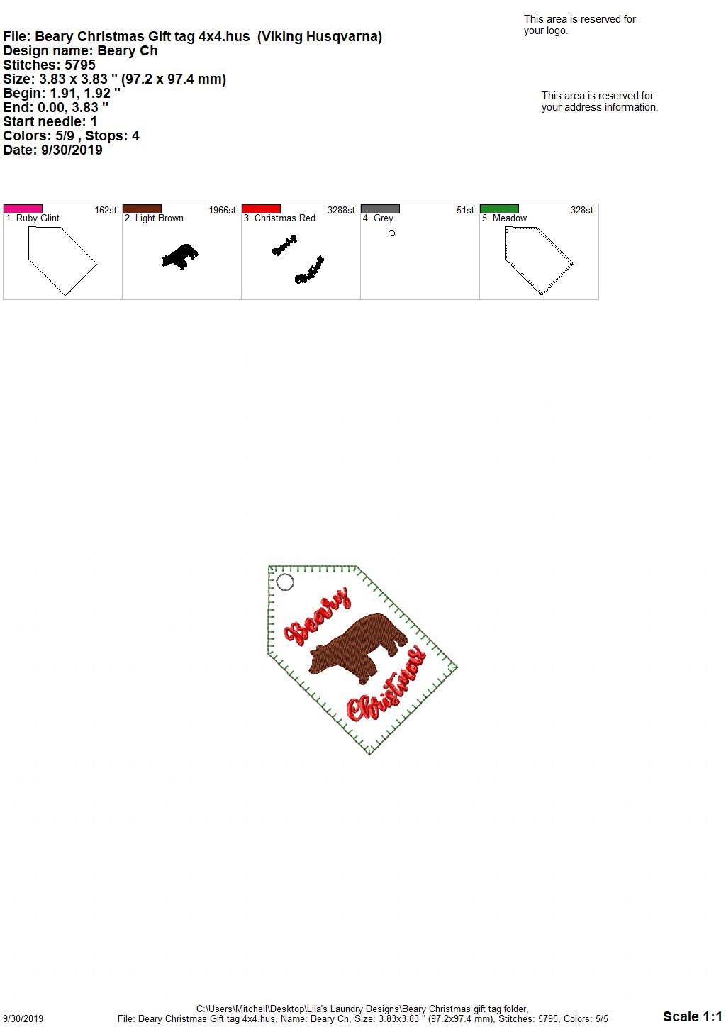 Beary Christmas Gift Tag Feltie - Digital Embroidery Design