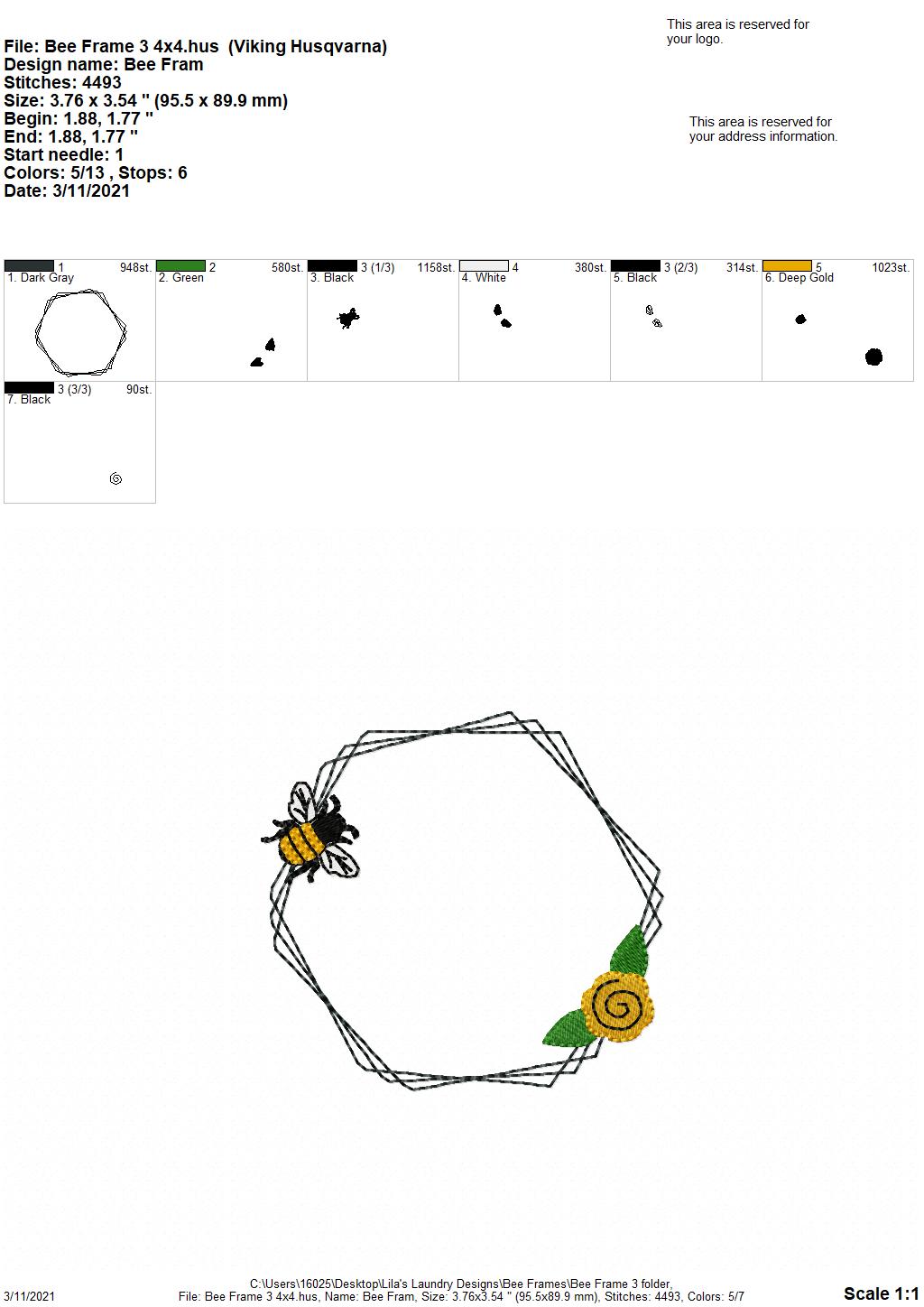 Bee Frame #3 - 4 sizes- Digital Embroidery Design