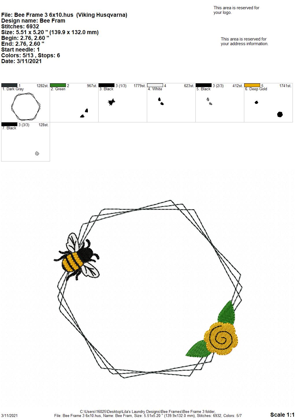 Bee Frame #3 - 4 sizes- Digital Embroidery Design