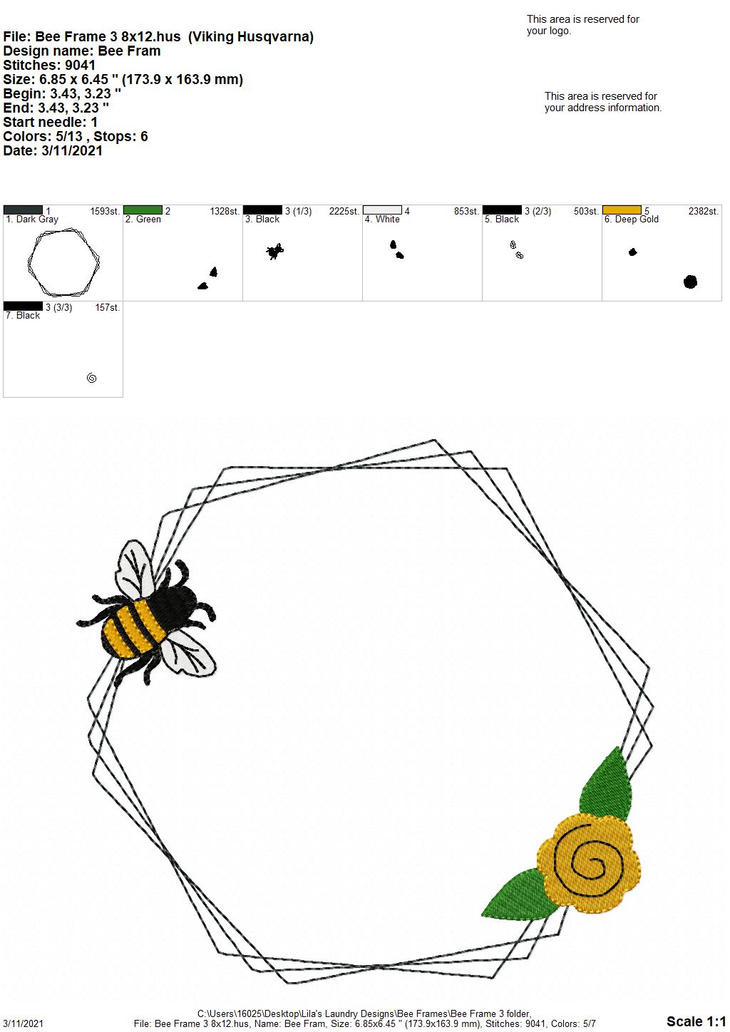 Bee Frame #3 - 4 sizes- Digital Embroidery Design