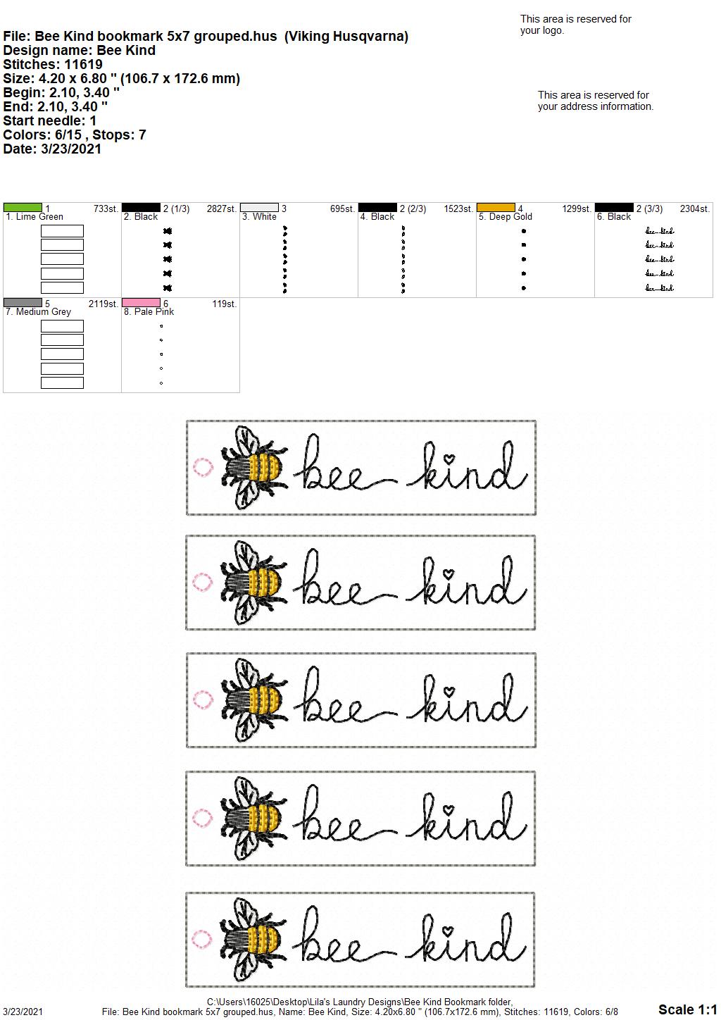 Bee Kind Bookmark 4x4 and 5x7 Grouped - Digital Embroidery Design