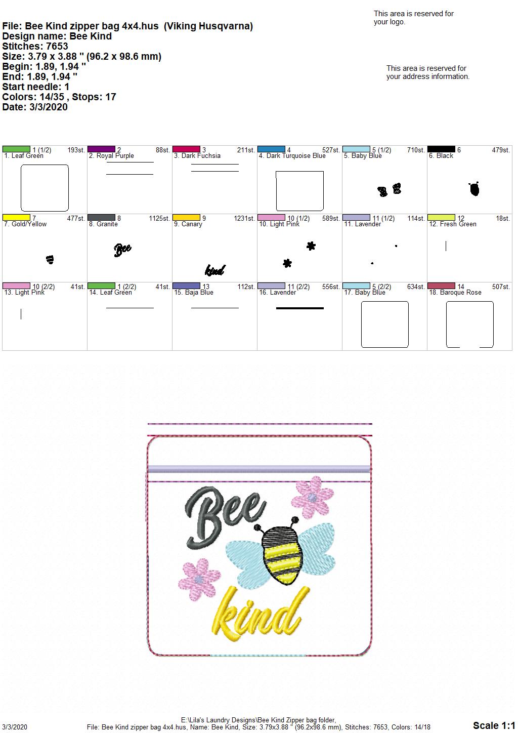 Bee Kind Zipper Bag - 2 sizes - Digital Embroidery Design