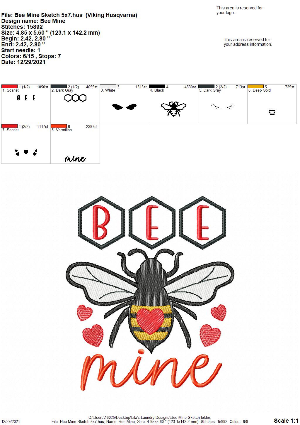 Bee Mine Sketch - 3 sizes- Digital Embroidery Design