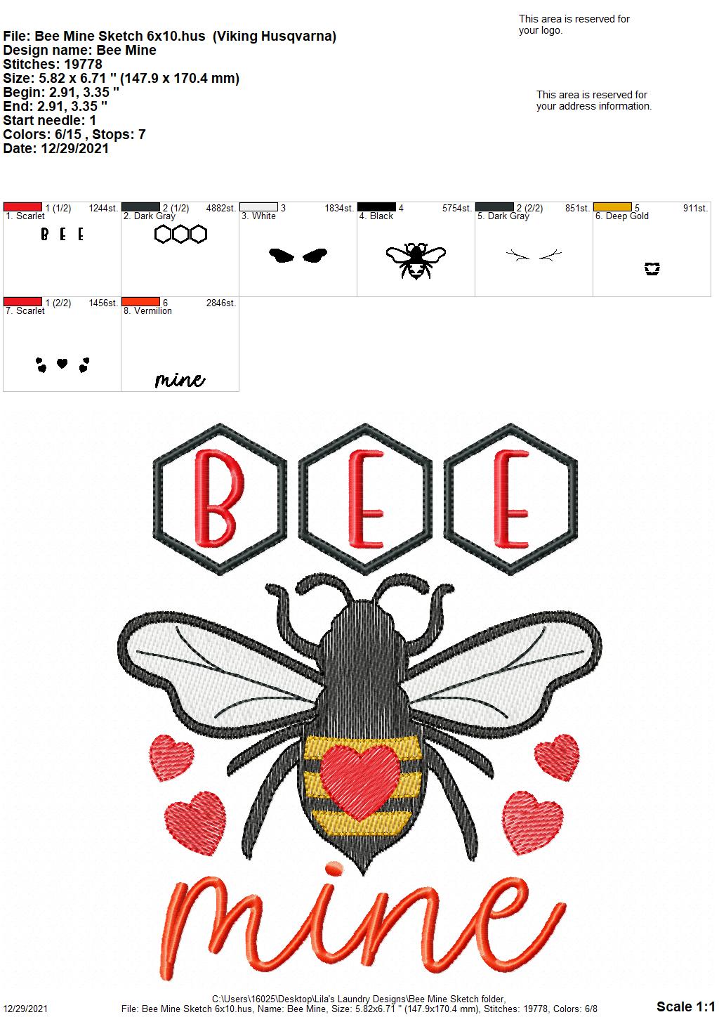 Bee Mine Sketch - 3 sizes- Digital Embroidery Design