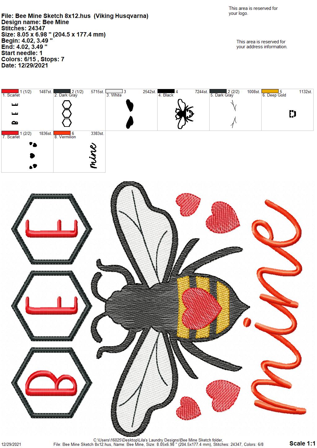 Bee Mine Sketch - 3 sizes- Digital Embroidery Design