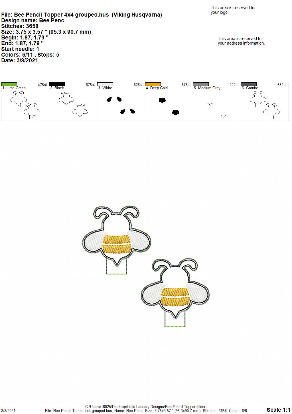Bee Pencil Toppers 4x4 and 5x7 included- DIGITAL Embroidery DESIGN