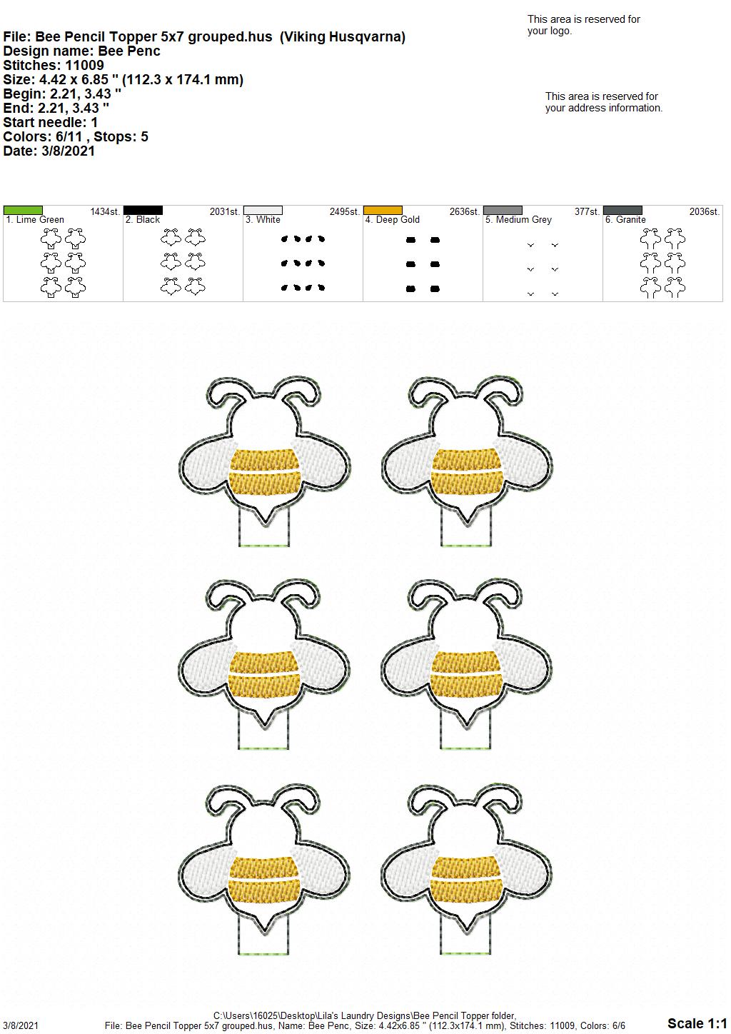 Bee Pencil Toppers 4x4 and 5x7 included- DIGITAL Embroidery DESIGN