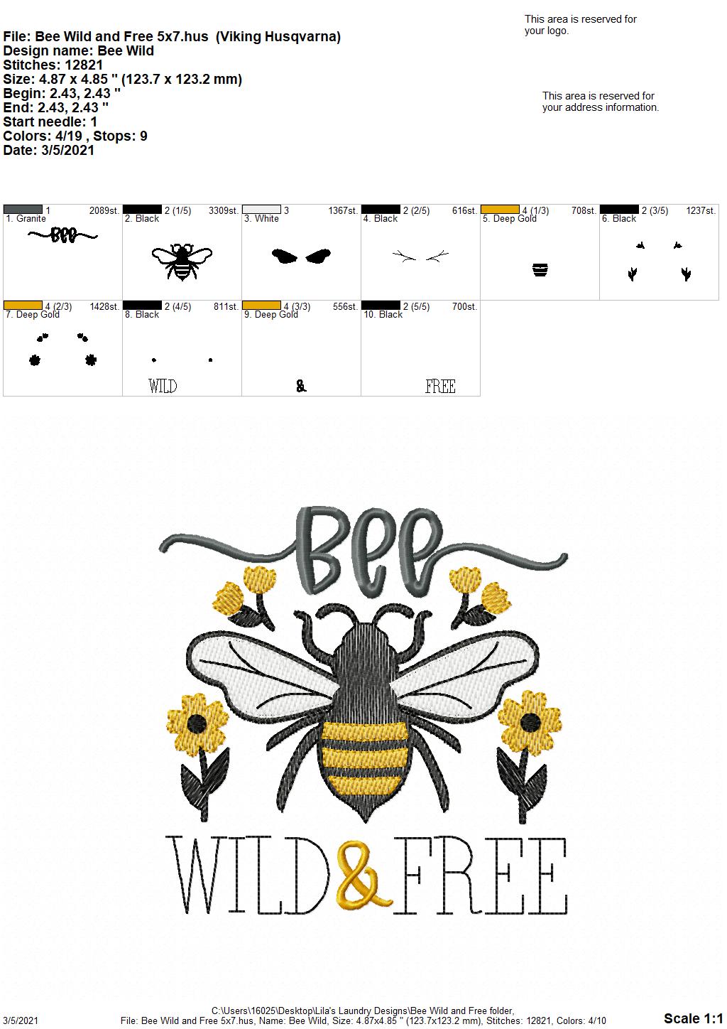 Bee Wild and Free - 4 sizes- Digital Embroidery Design