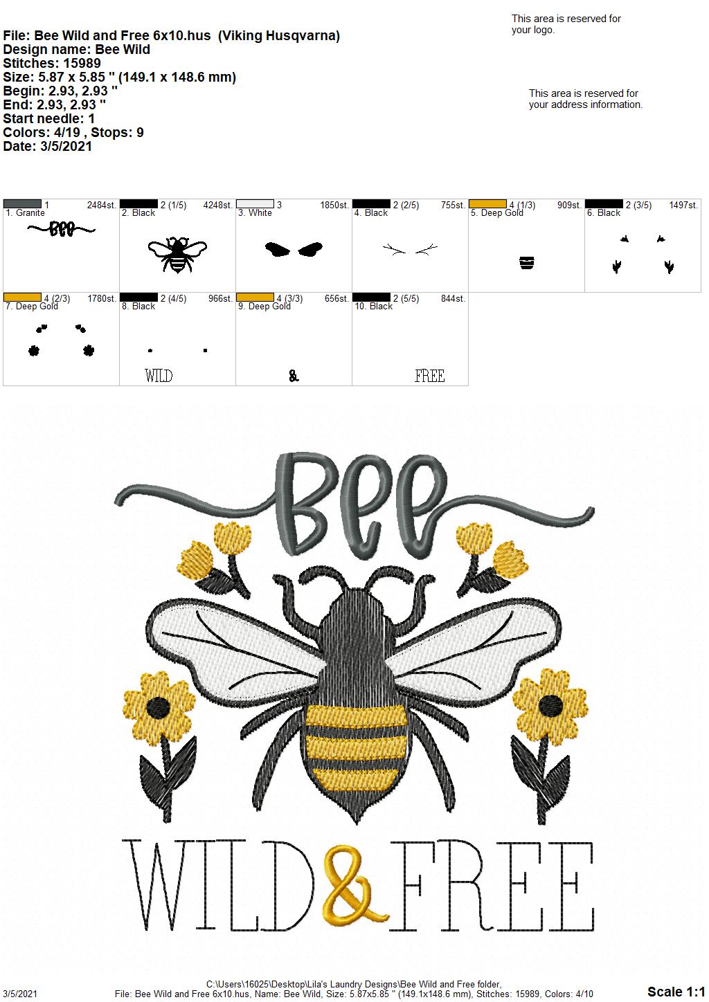 Bee Wild and Free - 4 sizes- Digital Embroidery Design