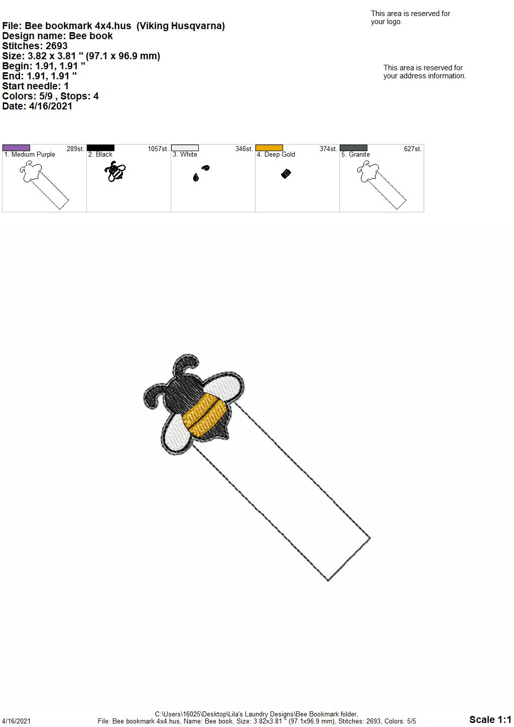 Bee Bookmark 4x4 and 5x7 Grouped - Digital Embroidery Design