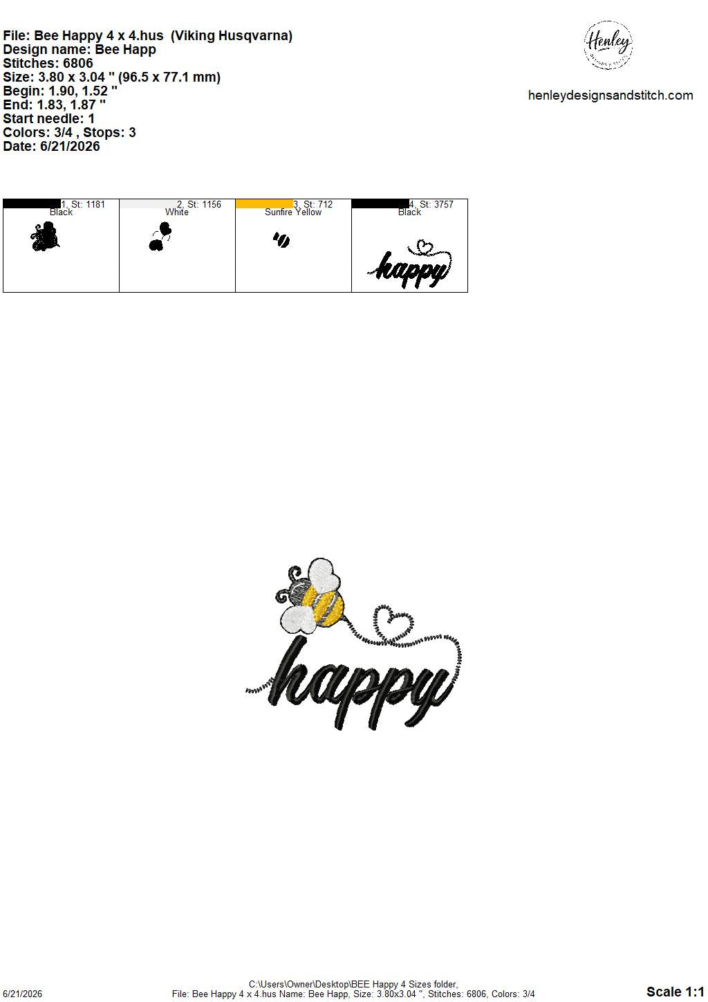 Sketch BEE Happy – 4 x 4, 5 x 7, 6 x 10 and 8 x 12 – DIGITAL Embroidery Design