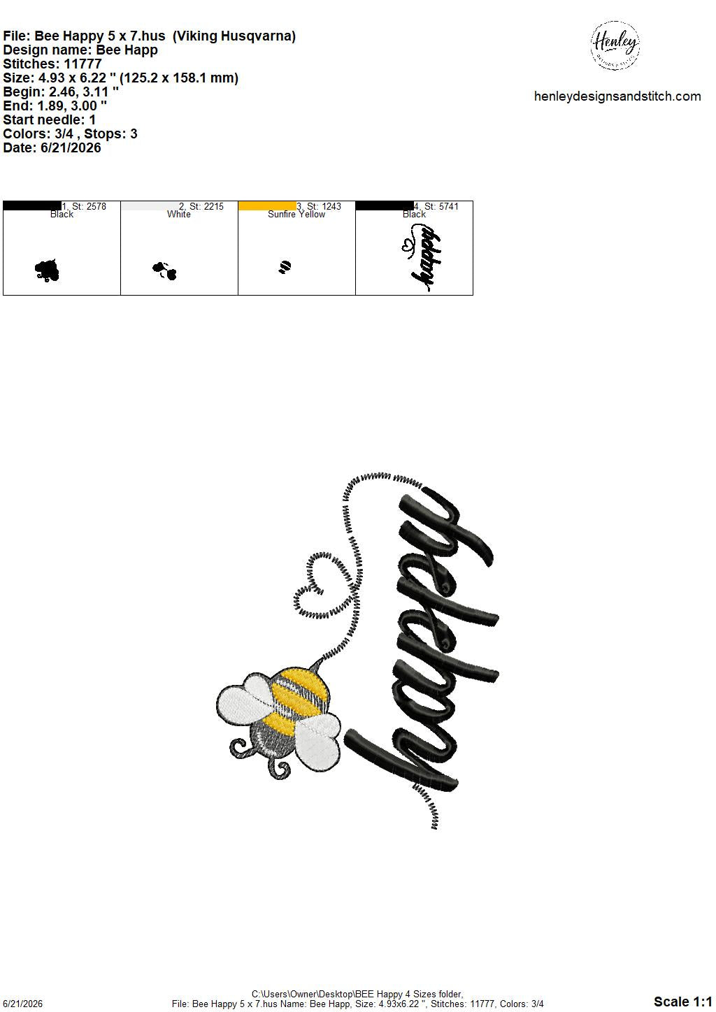 Sketch BEE Happy – 4 x 4, 5 x 7, 6 x 10 and 8 x 12 – DIGITAL Embroidery Design