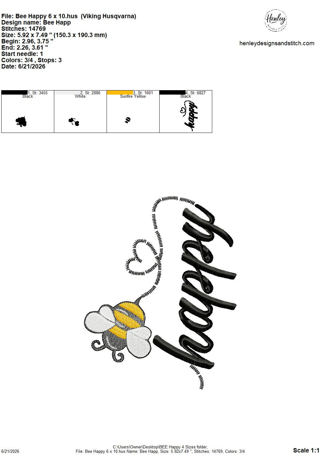 Sketch BEE Happy – 4 x 4, 5 x 7, 6 x 10 and 8 x 12 – DIGITAL Embroidery Design