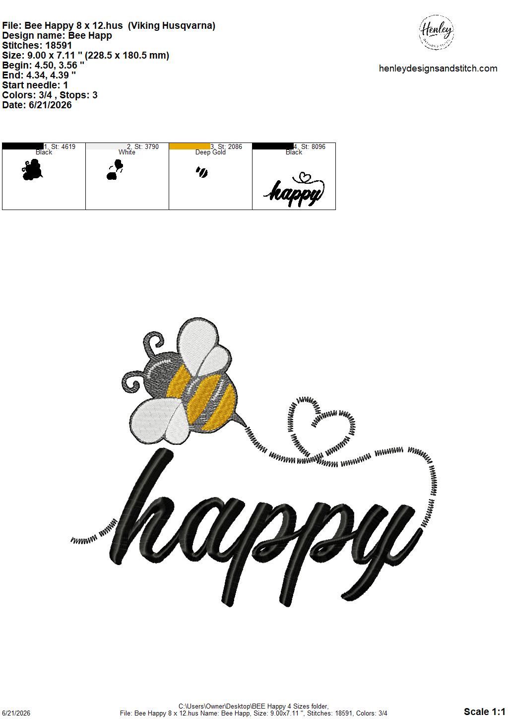 Sketch BEE Happy – 4 x 4, 5 x 7, 6 x 10 and 8 x 12 – DIGITAL Embroidery Design