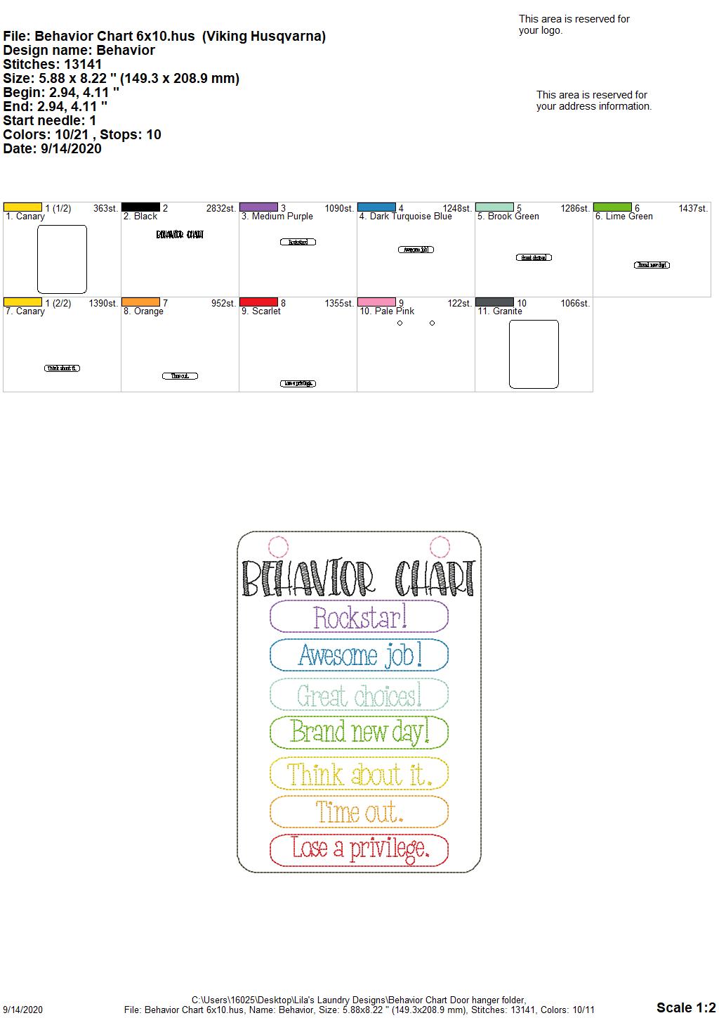 Behavior Chart Door Hanger - 3 sizes - Digital Embroidery Design