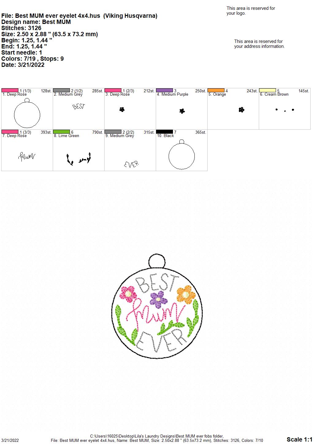 Best MUM ever Fobs - DIGITAL Embroidery DESIGN