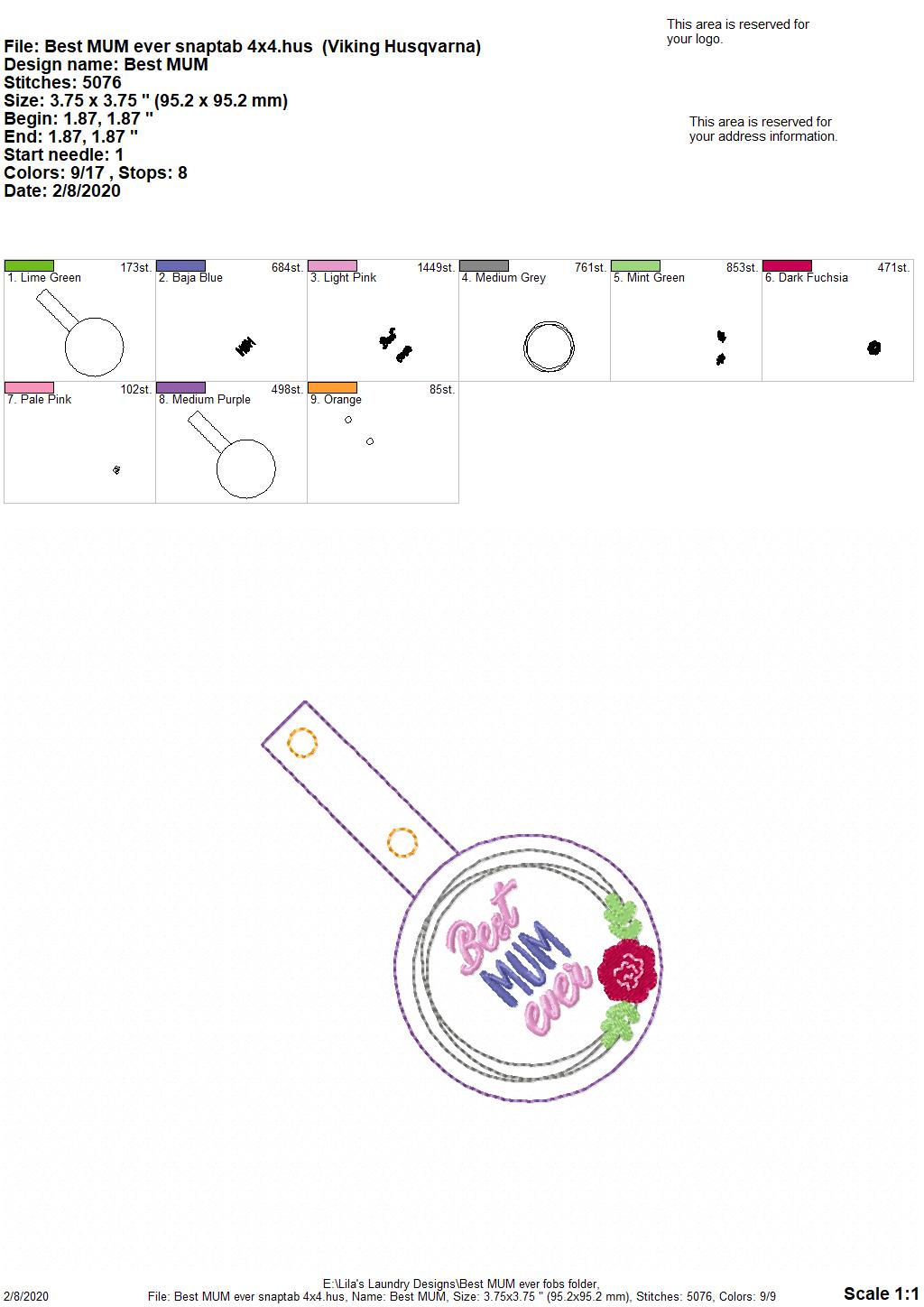 Best MUM Ever Fobs -  DIGITAL Embroidery DESIGN