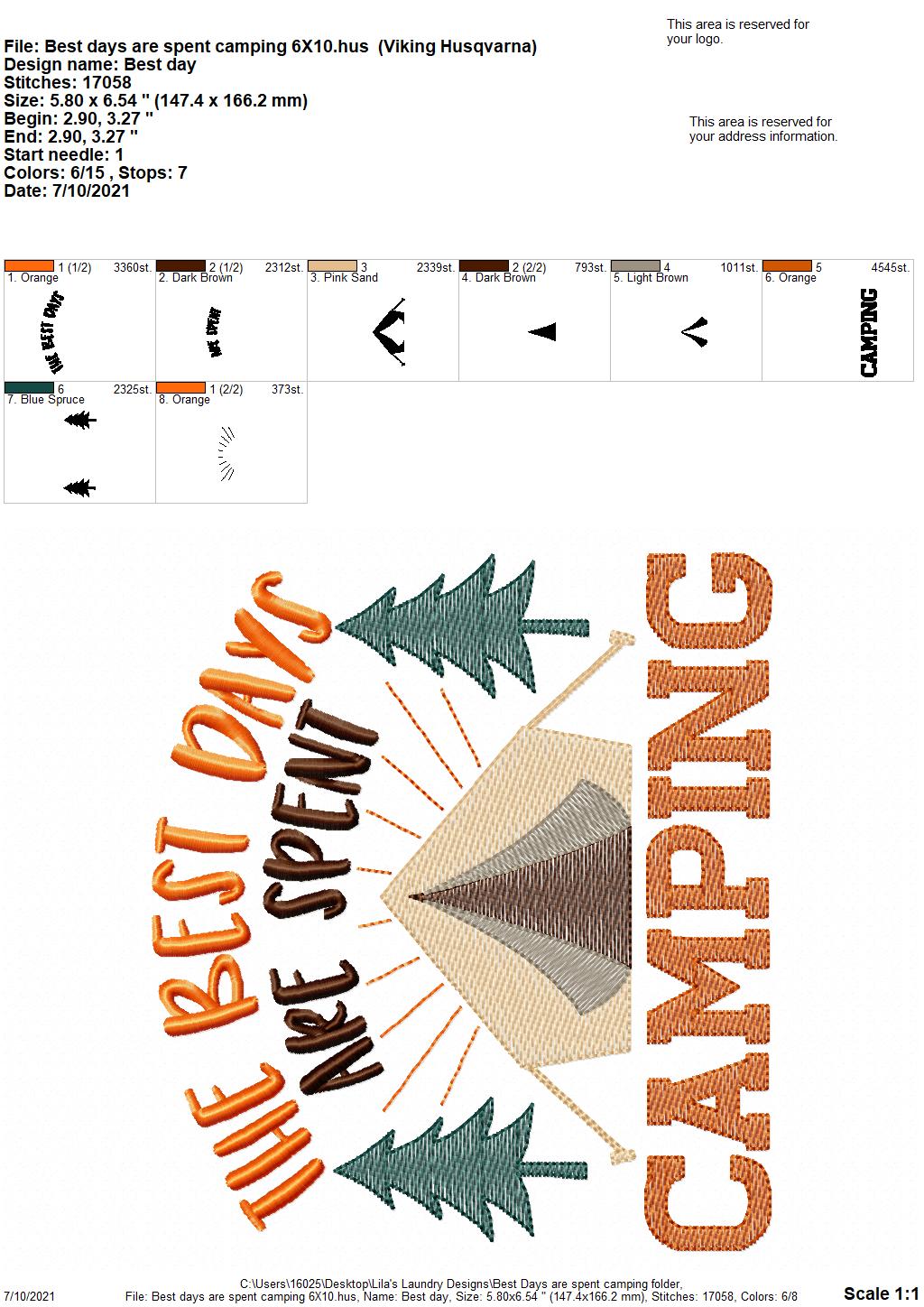 The Best Days are Spent Camping - 3 sizes- Digital Embroidery Design