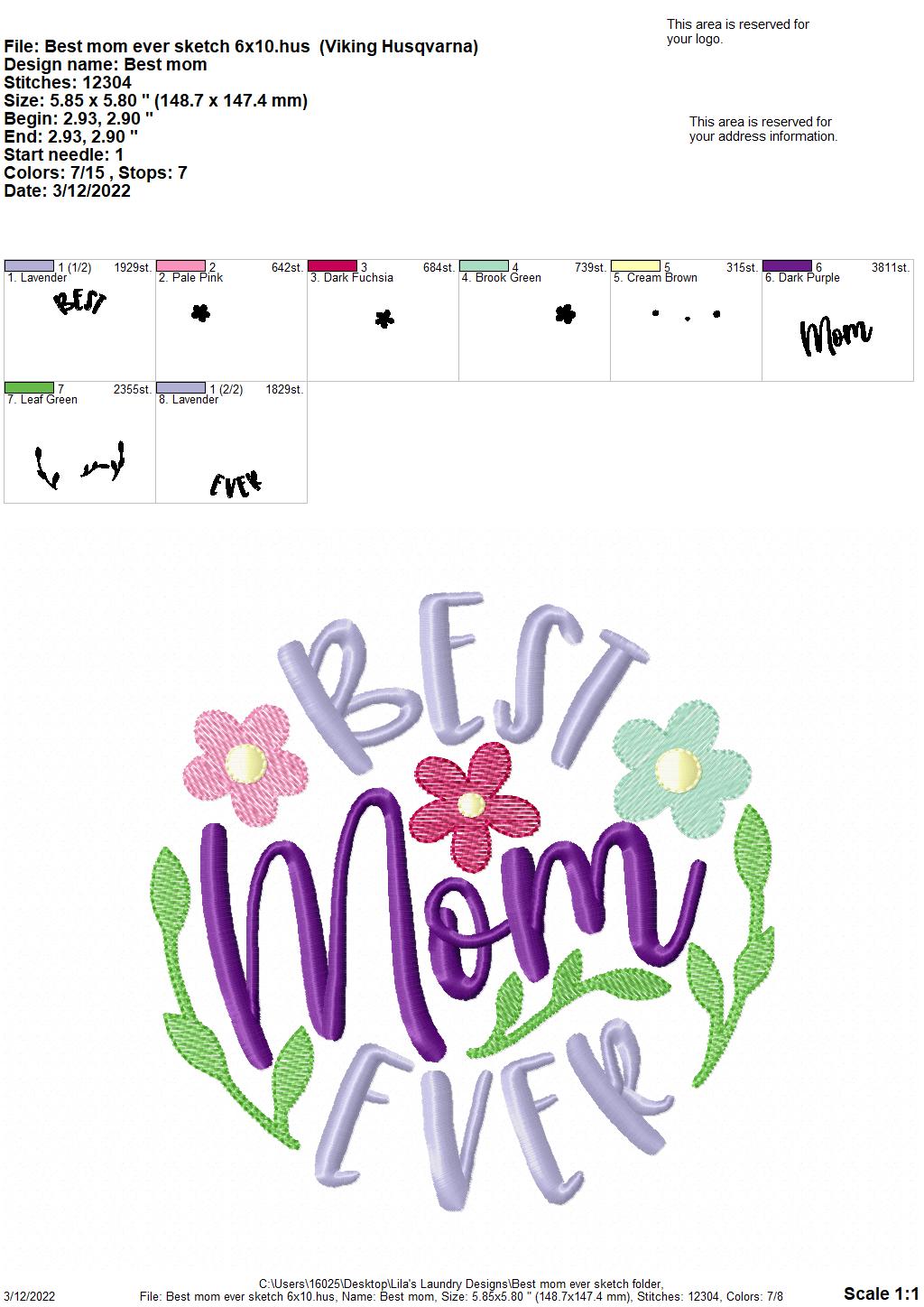 Best Mom Ever Sketch - 3 sizes- Digital Embroidery Design
