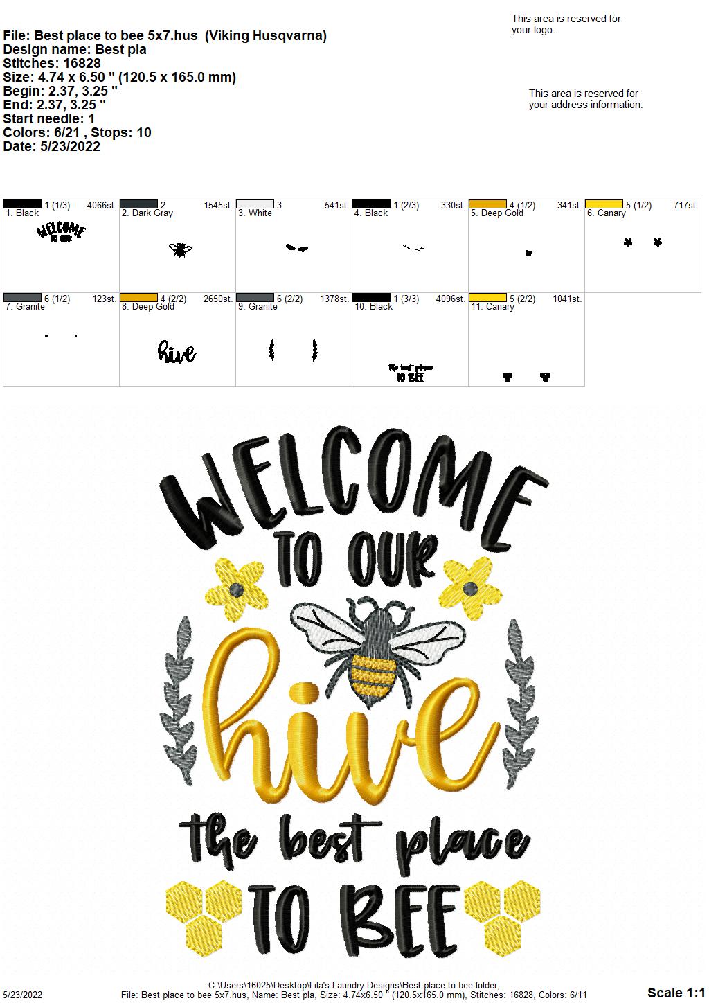 Best Place to Bee - 2 sizes- Digital Embroidery Design