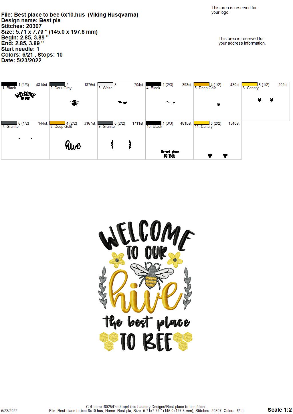 Best Place to Bee - 2 sizes- Digital Embroidery Design