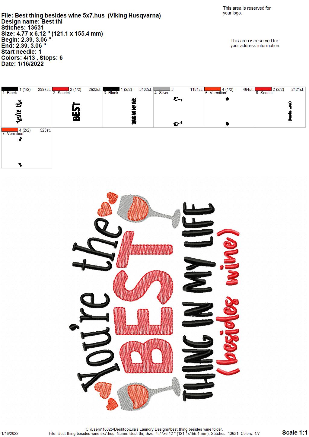 Best Thing Besides Wine - 2 sizes- Digital Embroidery Design