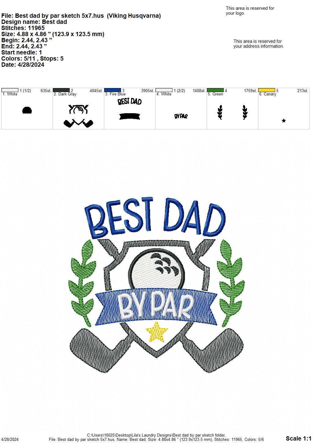 Best Dad By Par Sketch - 4 Sizes - Digital Embroidery Design