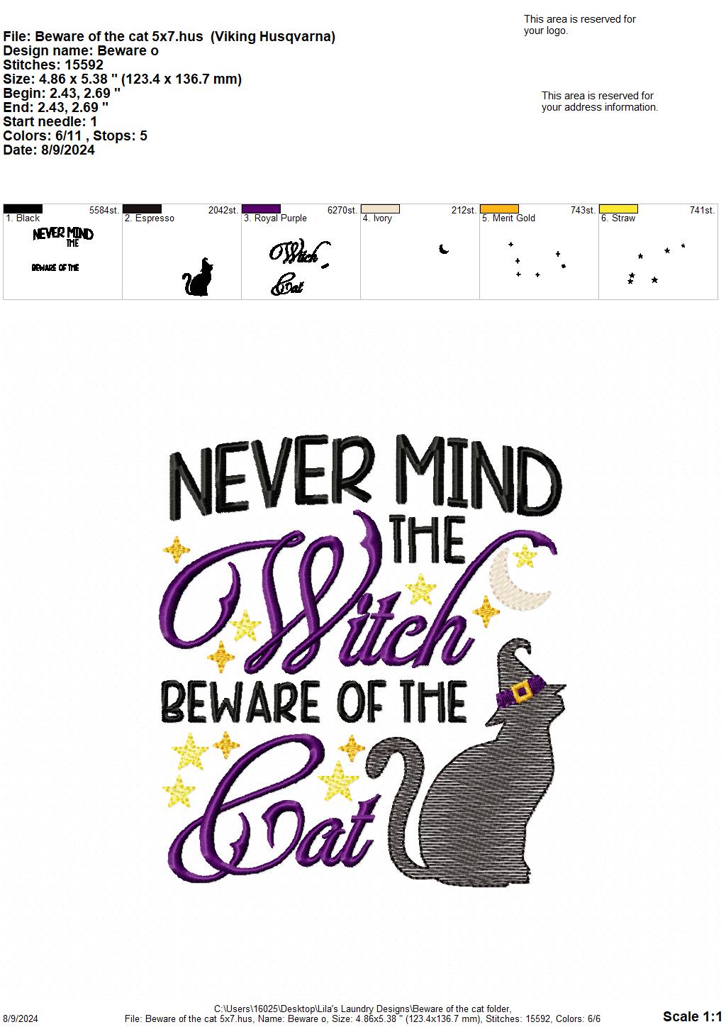 Beware of the Cat - 3 Sizes - Digital Embroidery Design