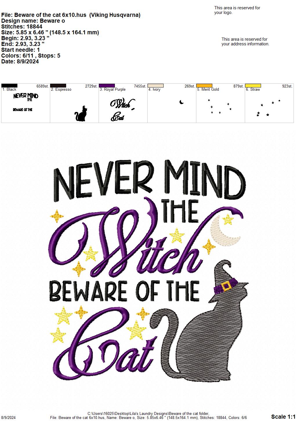 Beware of the Cat - 3 Sizes - Digital Embroidery Design
