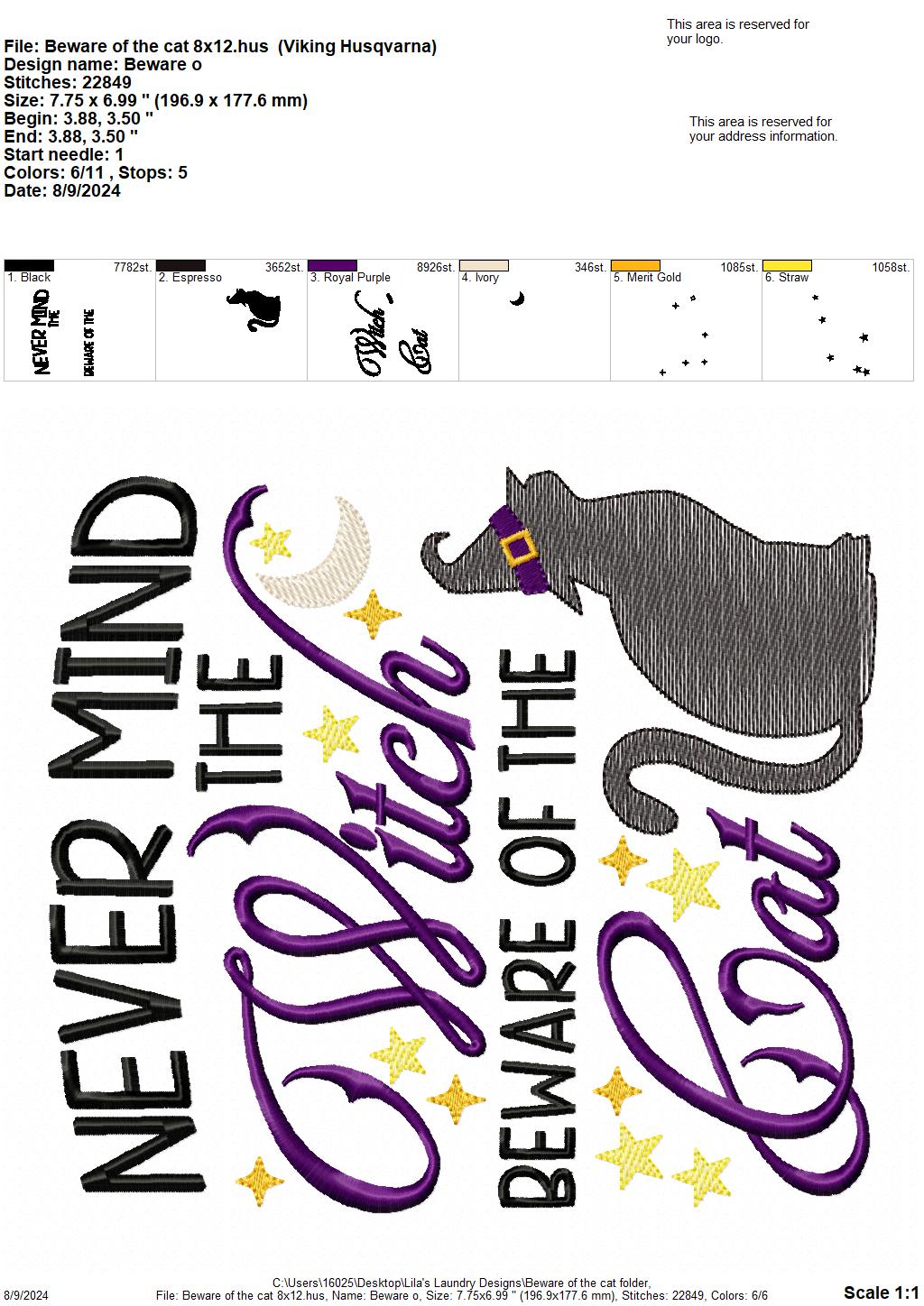 Beware of the Cat - 3 Sizes - Digital Embroidery Design