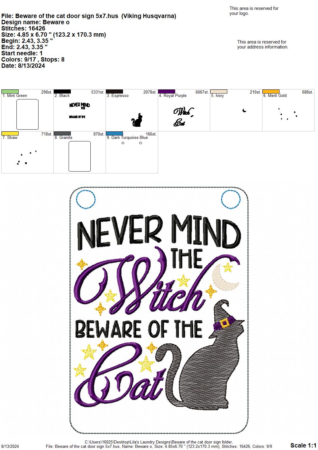 Beware of the Cat Door Sign - 3 Sizes - Digital Embroidery Design