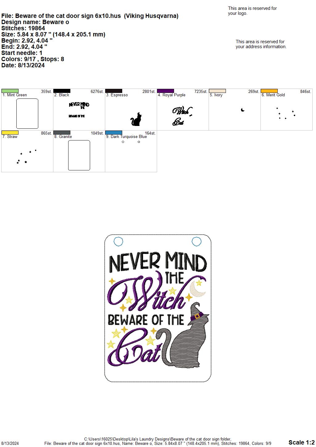 Beware of the Cat Door Sign - 3 Sizes - Digital Embroidery Design