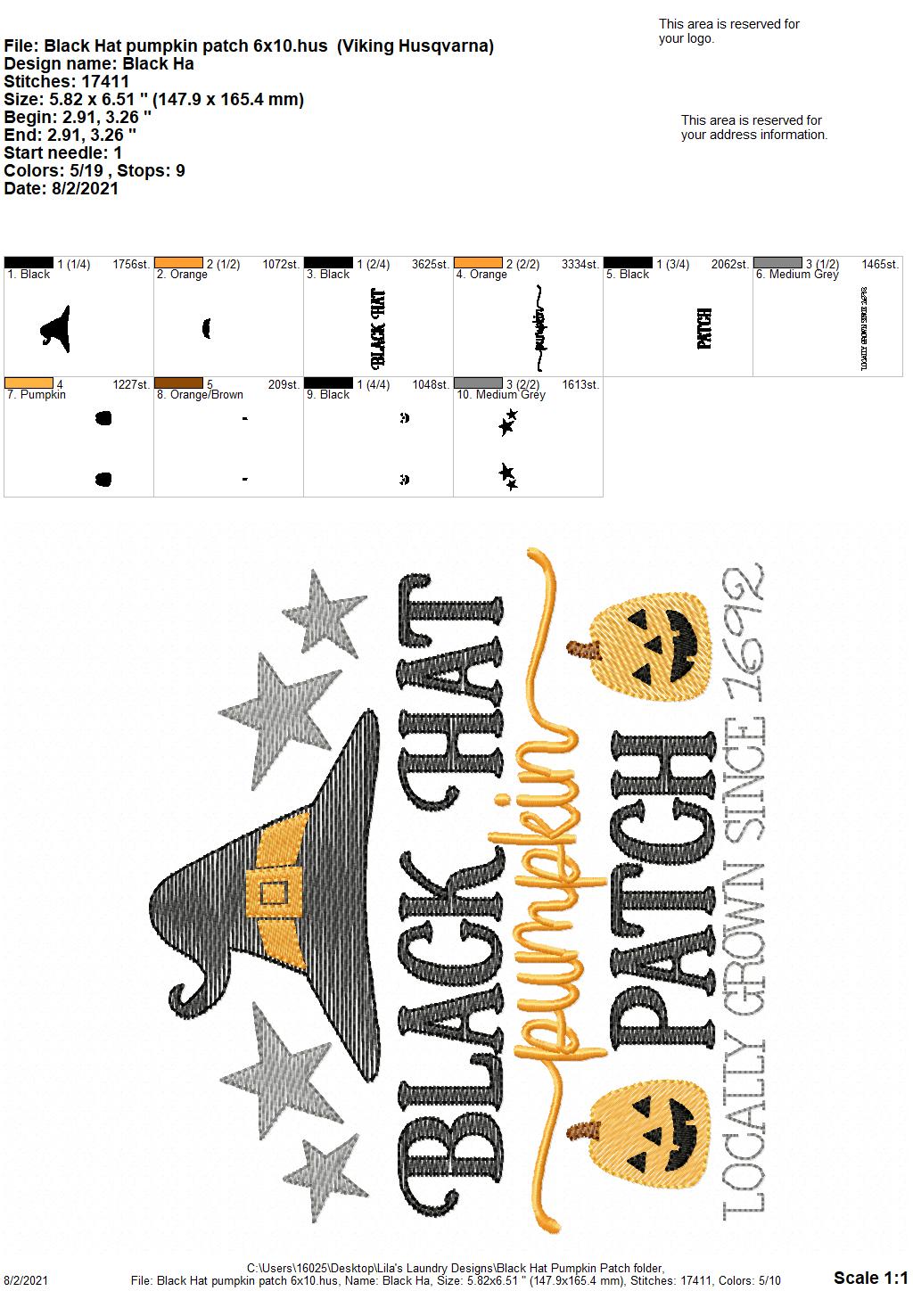 Black Hat Pumpkin Patch - 4 sizes- Digital Embroidery Design