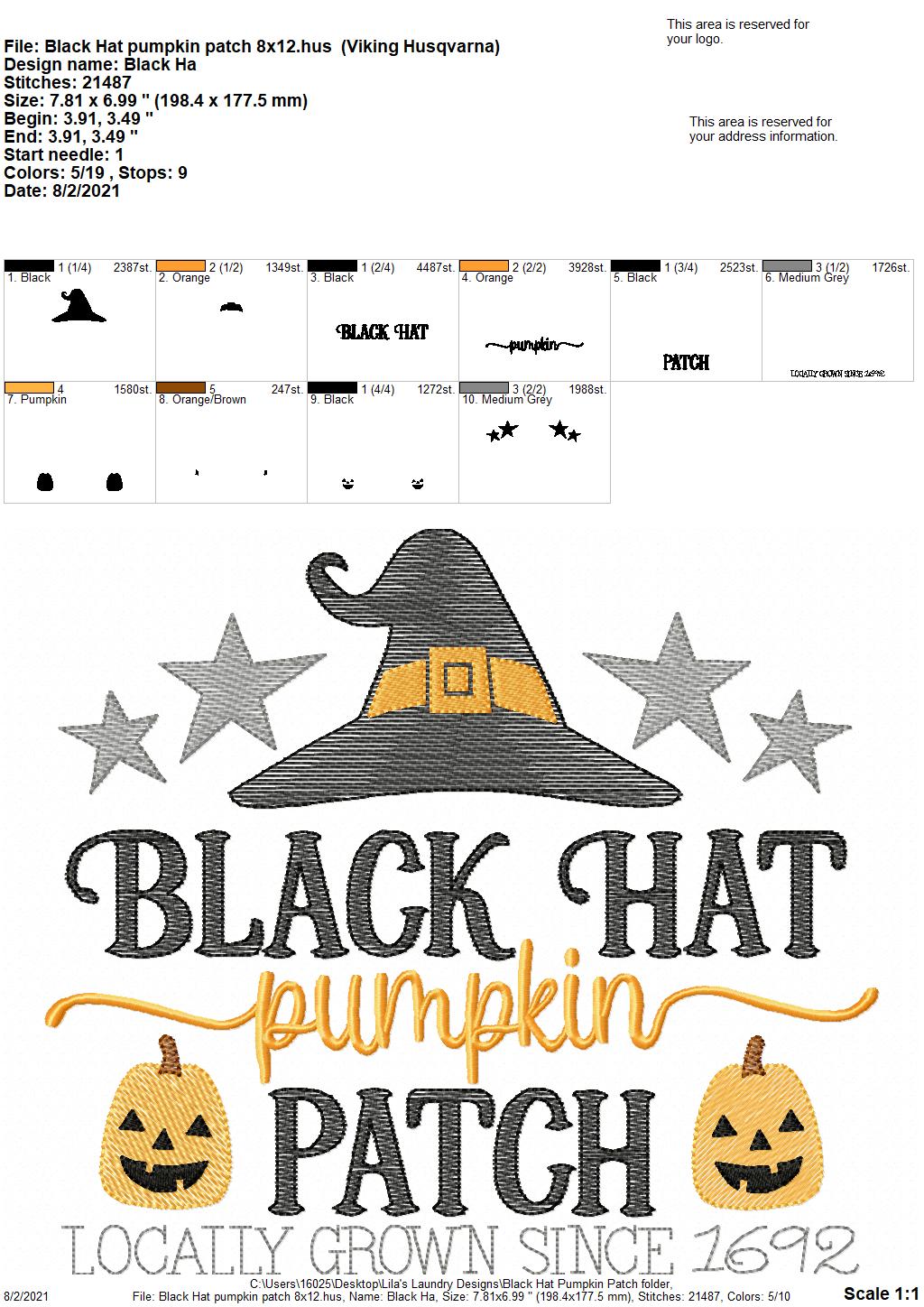 Black Hat Pumpkin Patch - 4 sizes- Digital Embroidery Design