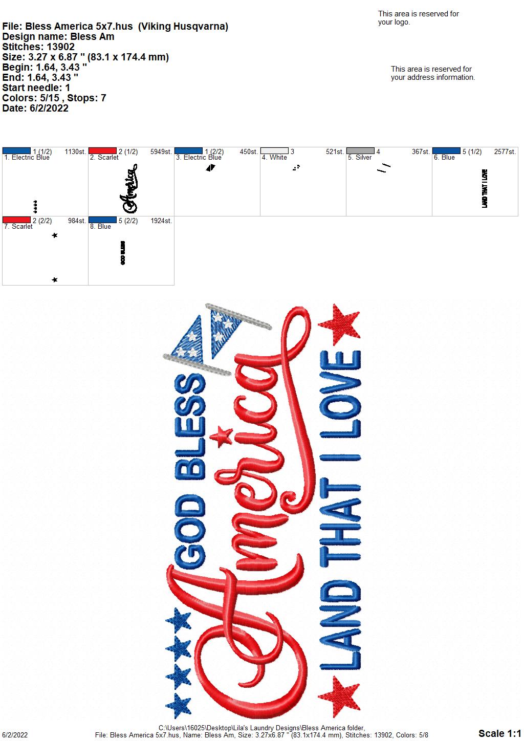 Bless America - 2 sizes- Digital Embroidery Design