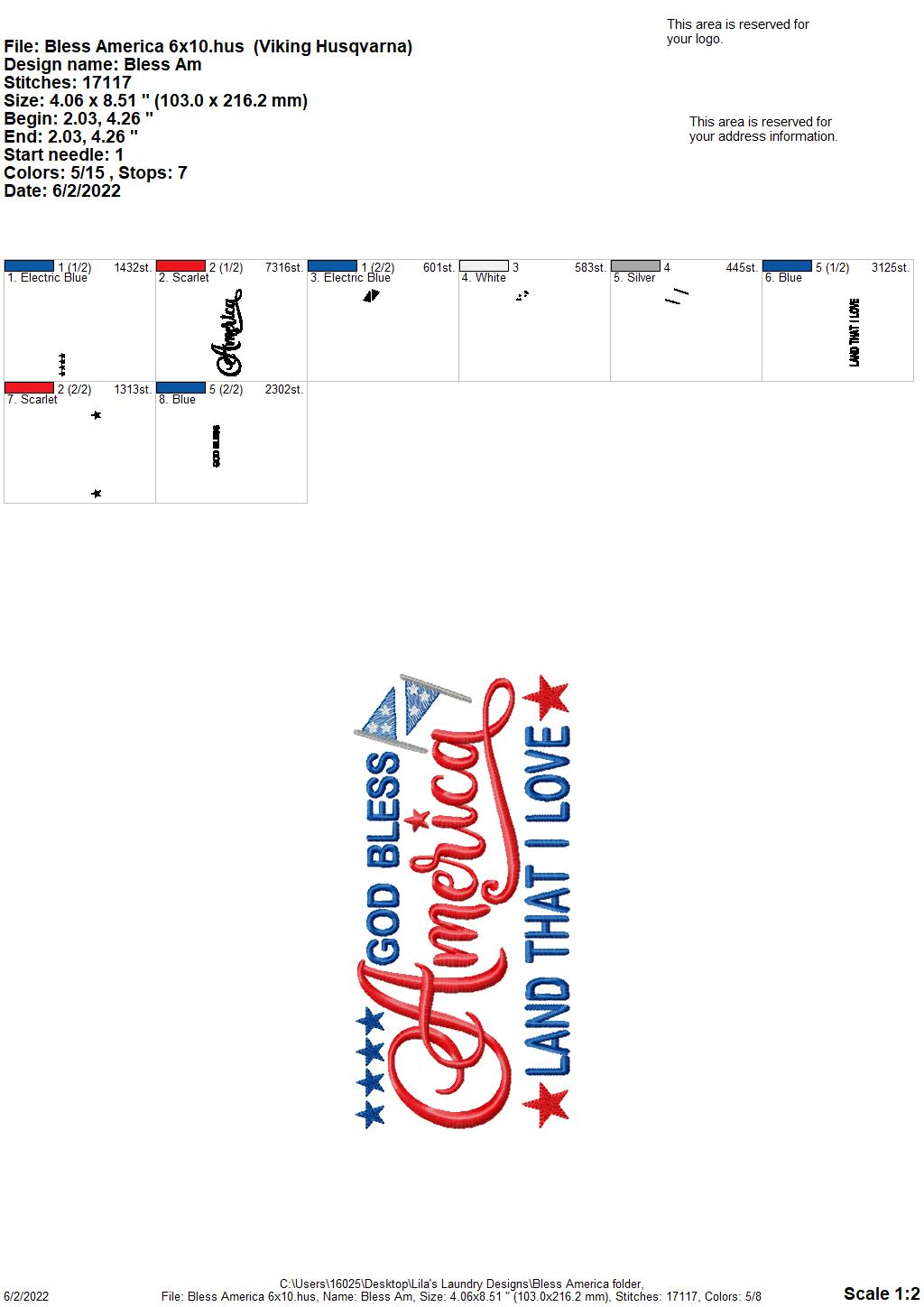 Bless America - 2 sizes- Digital Embroidery Design