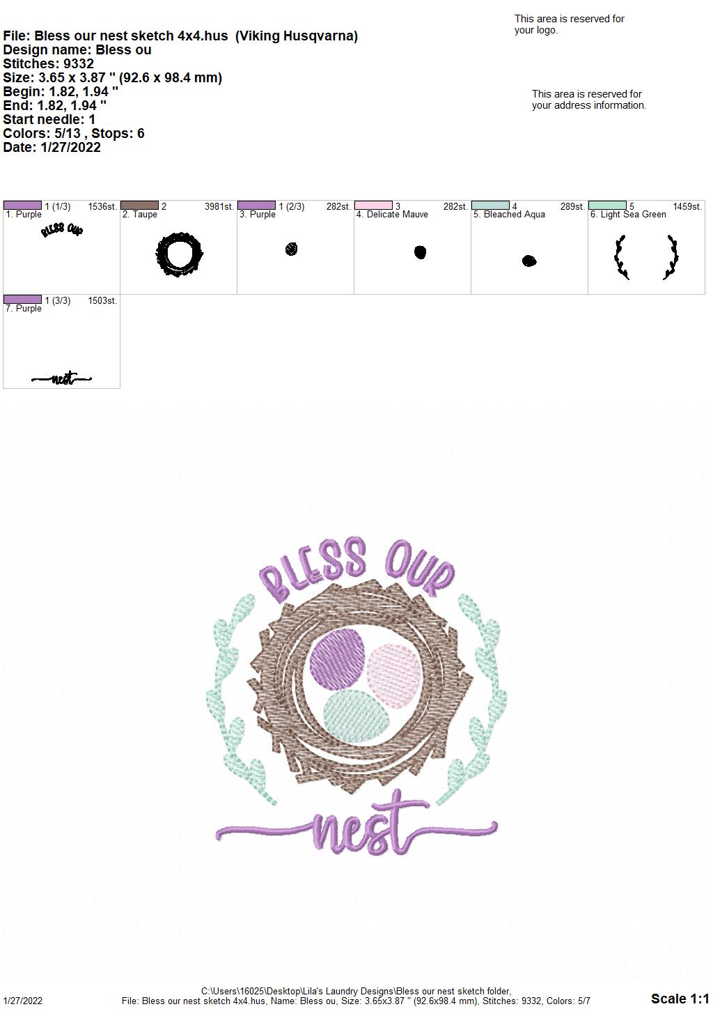 Bless Our Nest Sketch - 4 sizes- Digital Embroidery Design