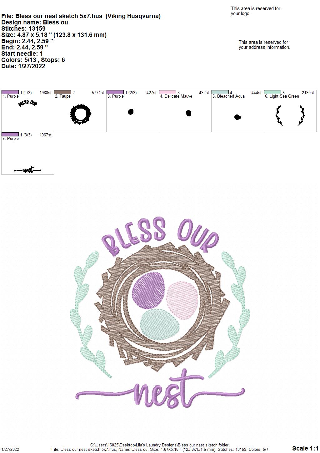 Bless Our Nest Sketch - 4 sizes- Digital Embroidery Design