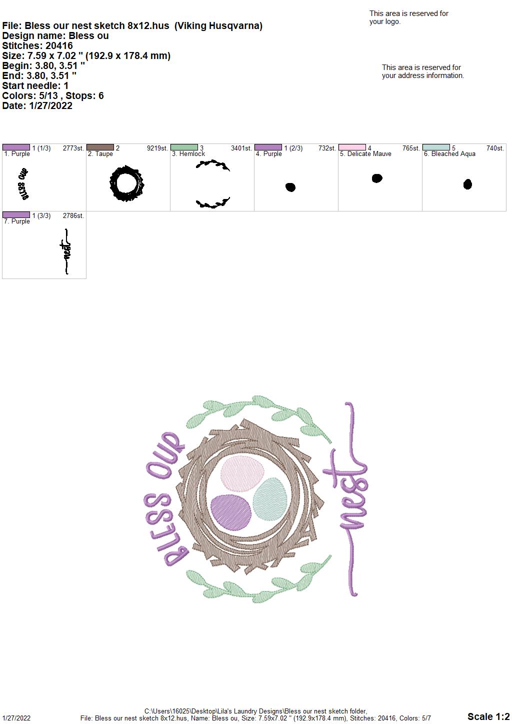Bless Our Nest Sketch - 4 sizes- Digital Embroidery Design
