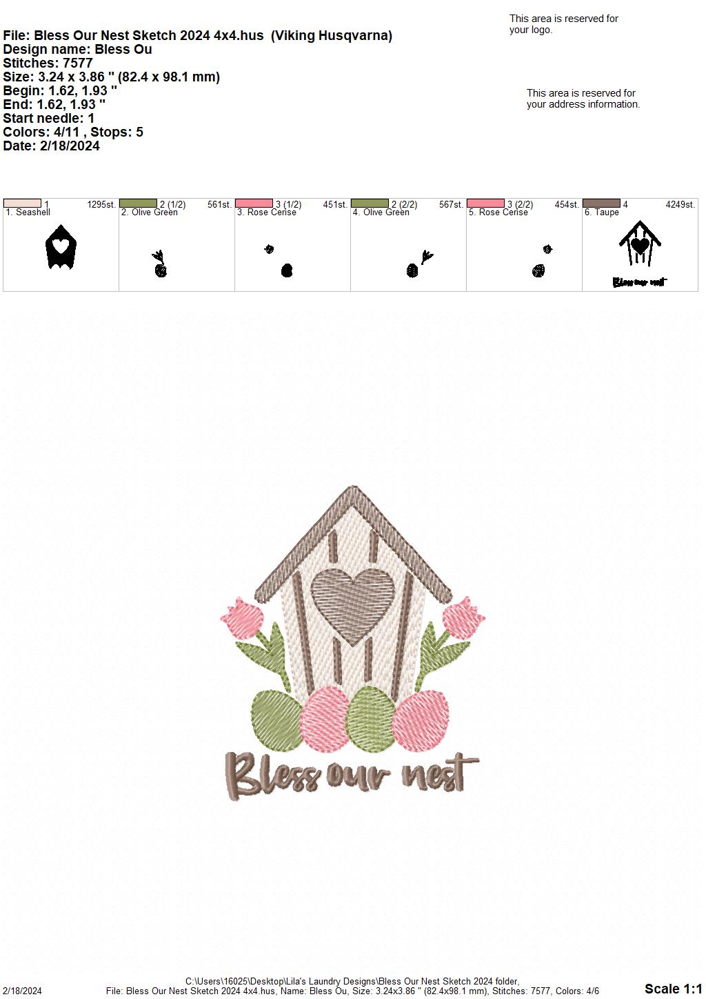 Bless Our Nest Sketch 2024 - 4 Sizes - Digital Embroidery Design