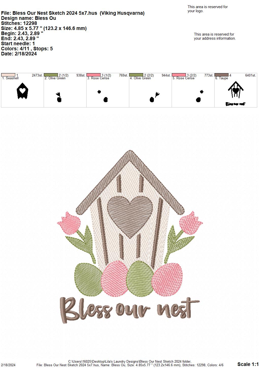 Bless Our Nest Sketch 2024 - 4 Sizes - Digital Embroidery Design