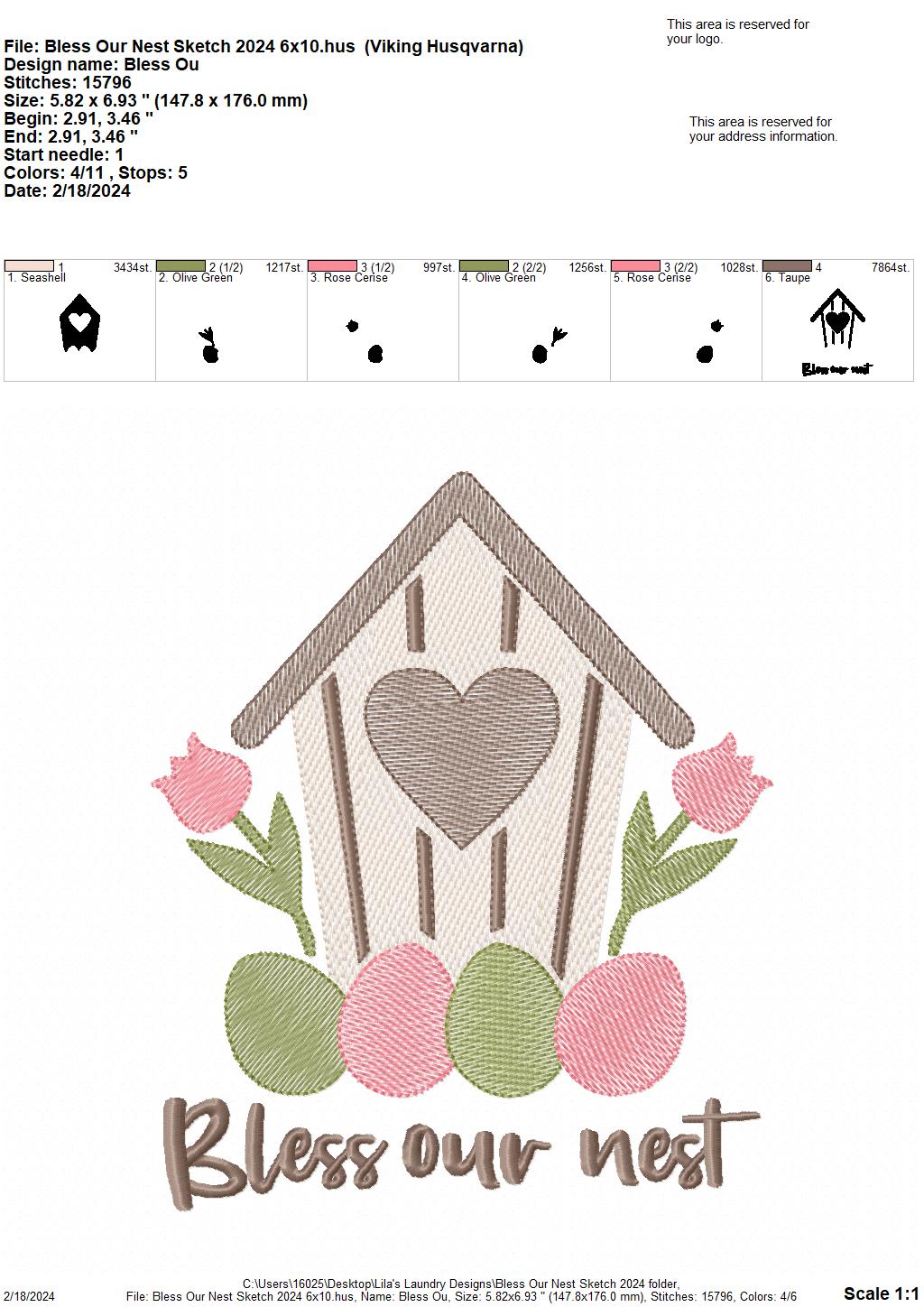 Bless Our Nest Sketch 2024 - 4 Sizes - Digital Embroidery Design